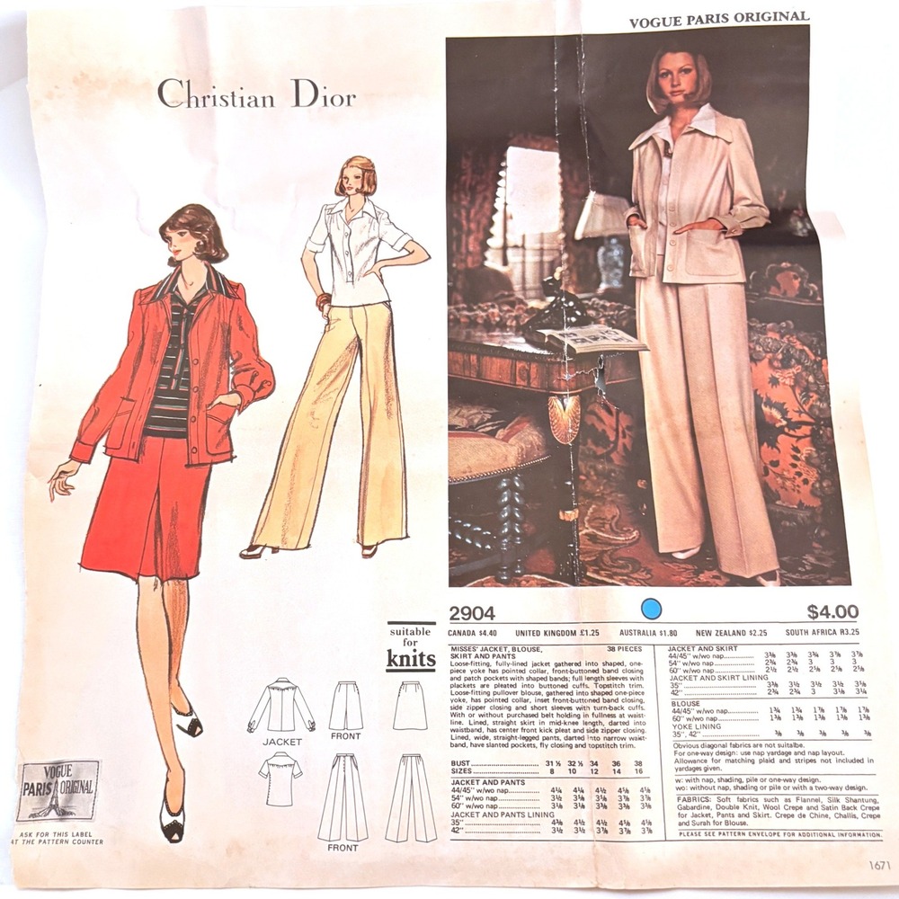Vogue 2904 Rare 70s Christian Dior Jacket Blouse Skirt Pants 10 Catalog Pg Uncut